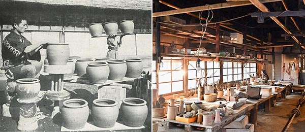 明治40年ごろの笠間焼風景(左)、笠間焼発祥の地 久野陶園(右)